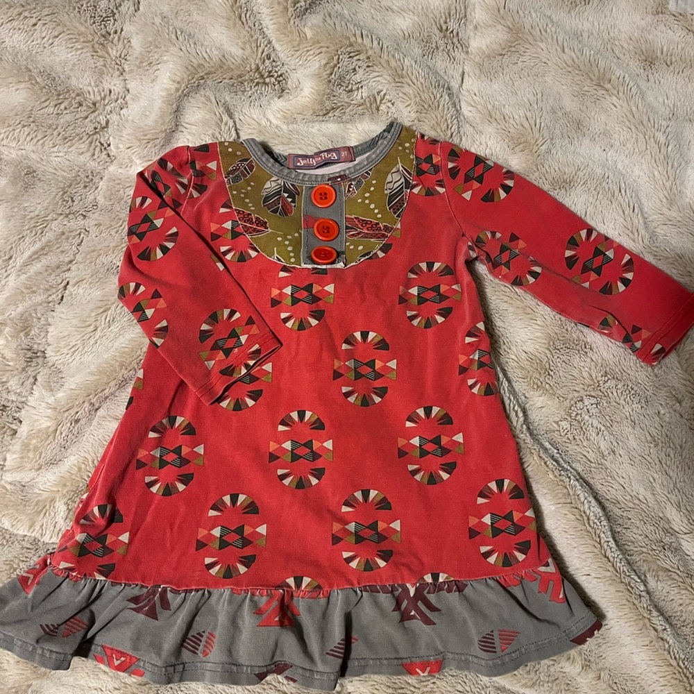 Jelly The Pug Red and Green Patterned Kids Dress